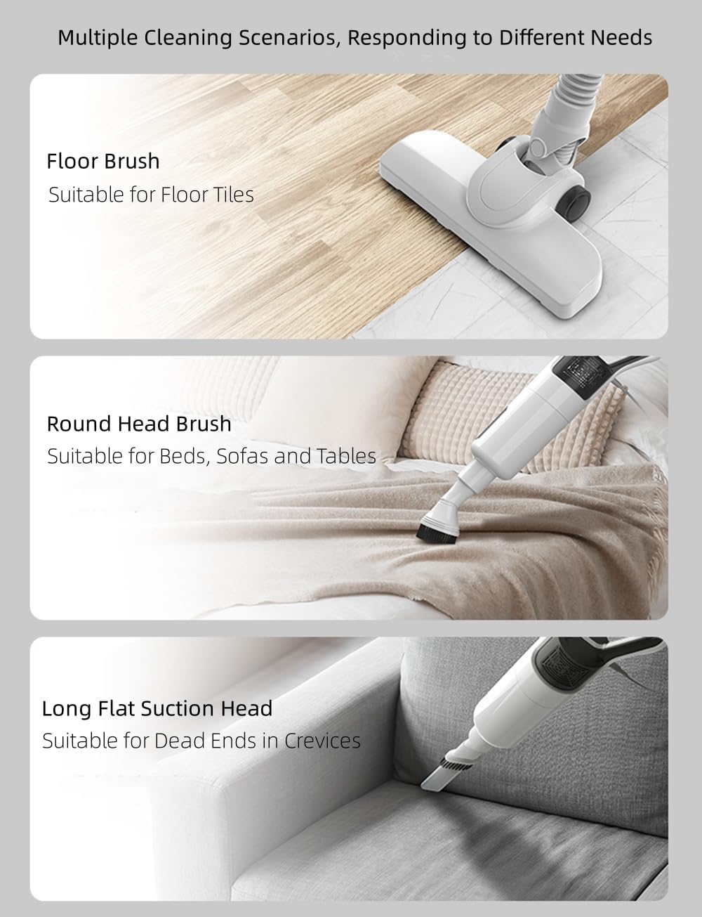 Three images showing different cleaning scenarios: a floor brush for tiles, a round head brush for beds, sofas, and tables, and a long flat suction head for crevices.