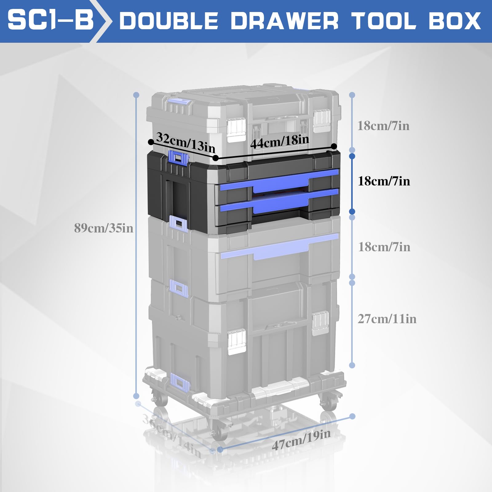 Caja Herramientas de 43CM con Dos Cajones,AIRAJ Caja de Herramientas Modular,Caja Herramientas Vacia Apilable,Con Compartimentos Separadores,Para Guardar Herramientas y Accesorios Pequeños(SC1-B)
