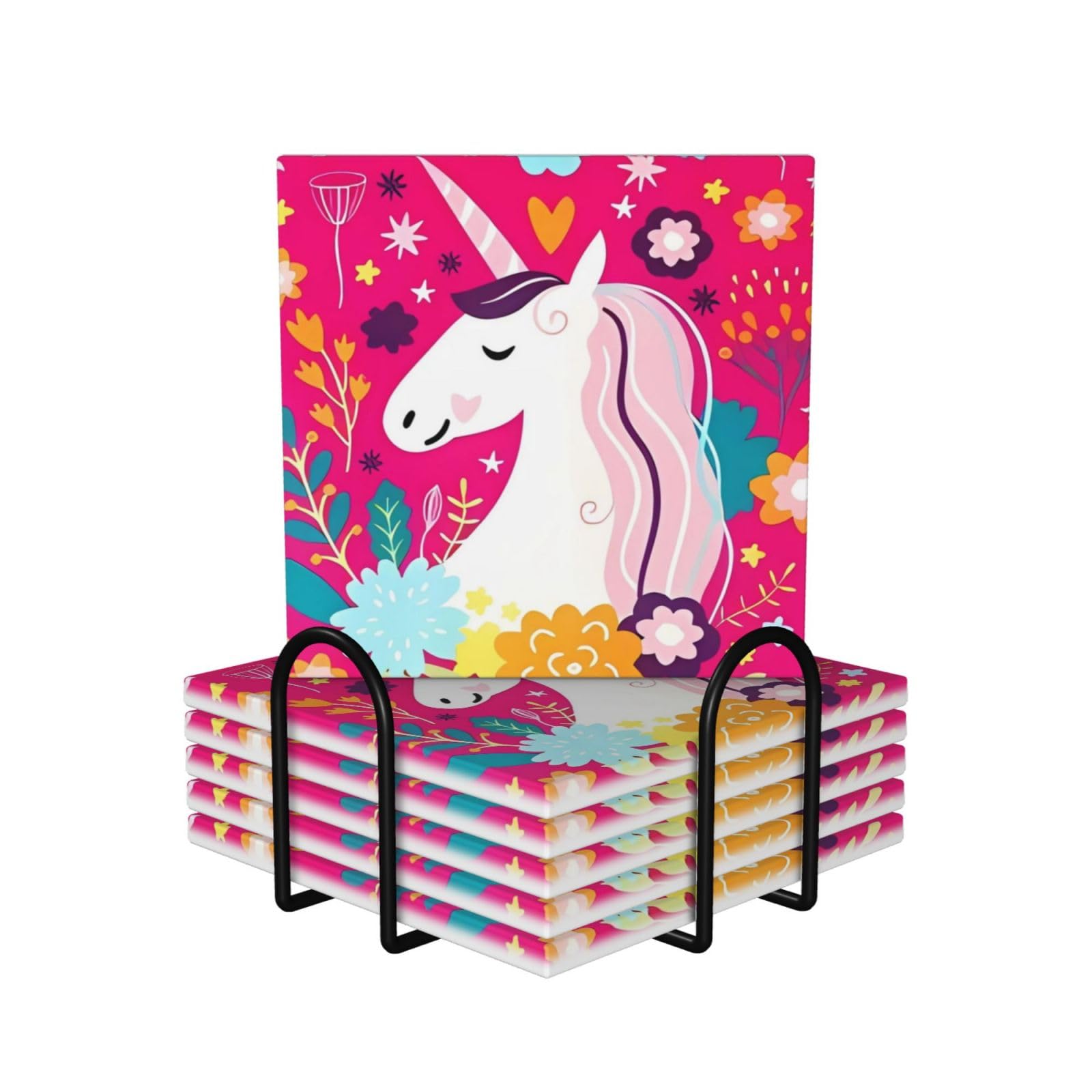 Dessous de verre arc-en-ciel en céramique absorbante avec support (Lot de 6)