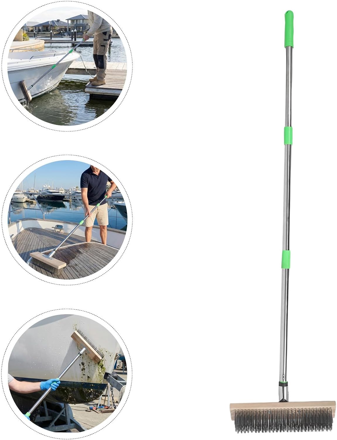 KOMBIUDA Stainless Steel Wire Scrub Brush with Long Handle for Boat Floor Cleaning, Ergonomic Design and Stable Grip Deck Brush for Outdoor Marine Maintenance