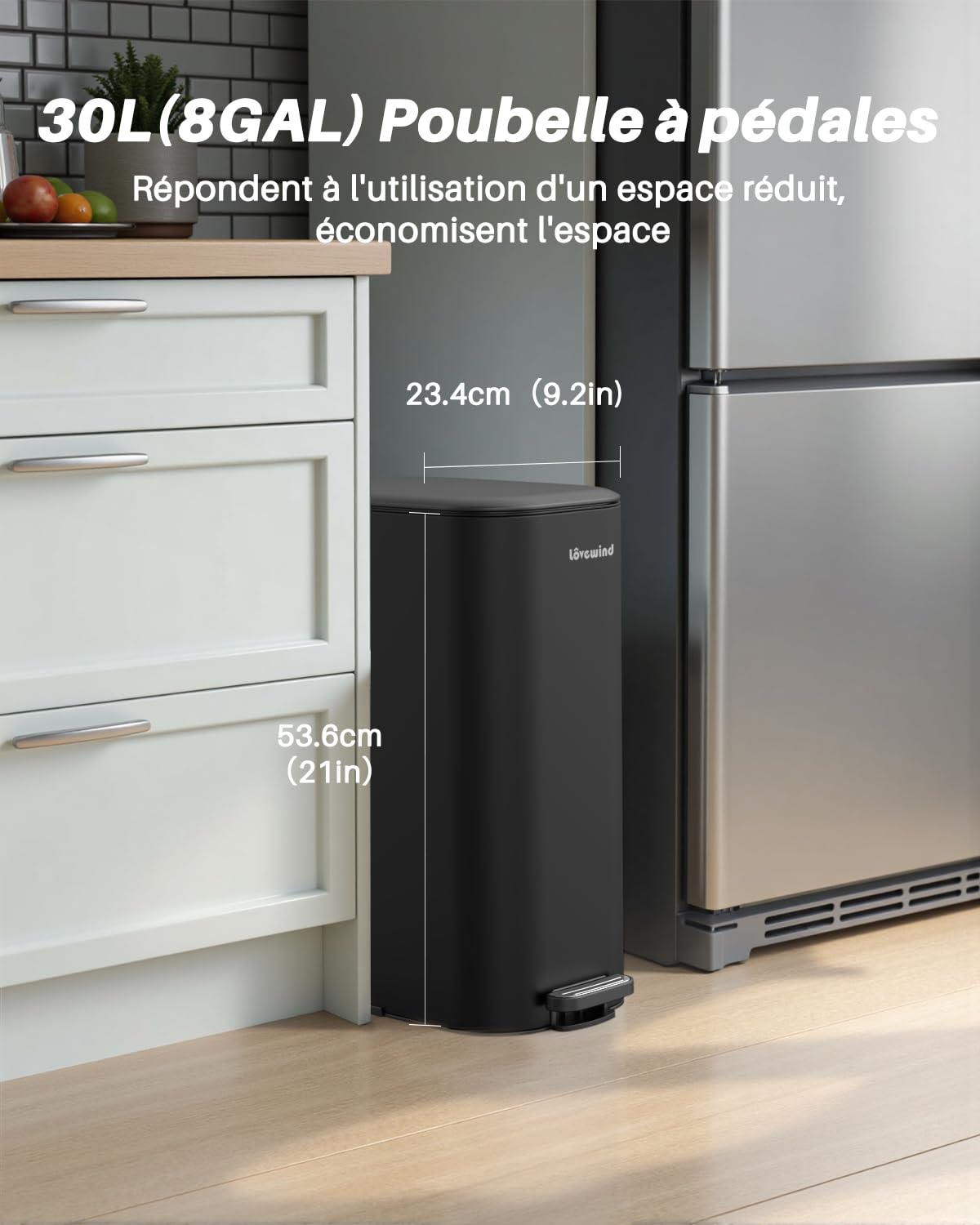 Lovewind Poubelle Cuisine, Poubelle 30 L,Poubelle de Cuisine en Acier, avec Seau Intérieur, Fermeture Douce et Maintien en Ouverture, Bureau
