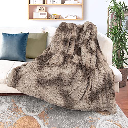 Image of Tuddrom Decorative Extra Soft Faux Fur Throw Blanket,Solid Reversible Fuzzy Lightweight Long Hair Shaggy Blanket,Fluffy Cozy Plush Fleece Comfy Microfiber Fur Blanket for Couch Sofa Bed,Tie Dye Brown