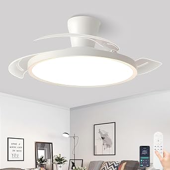 Intelligent Ceiling Fan Remote Control Silent Retractable Ceiling Fan LED Dimmable and Reversible Fan Lights Ceiling for Bedroom 6-Speed Fans for Living Room-White||105cm