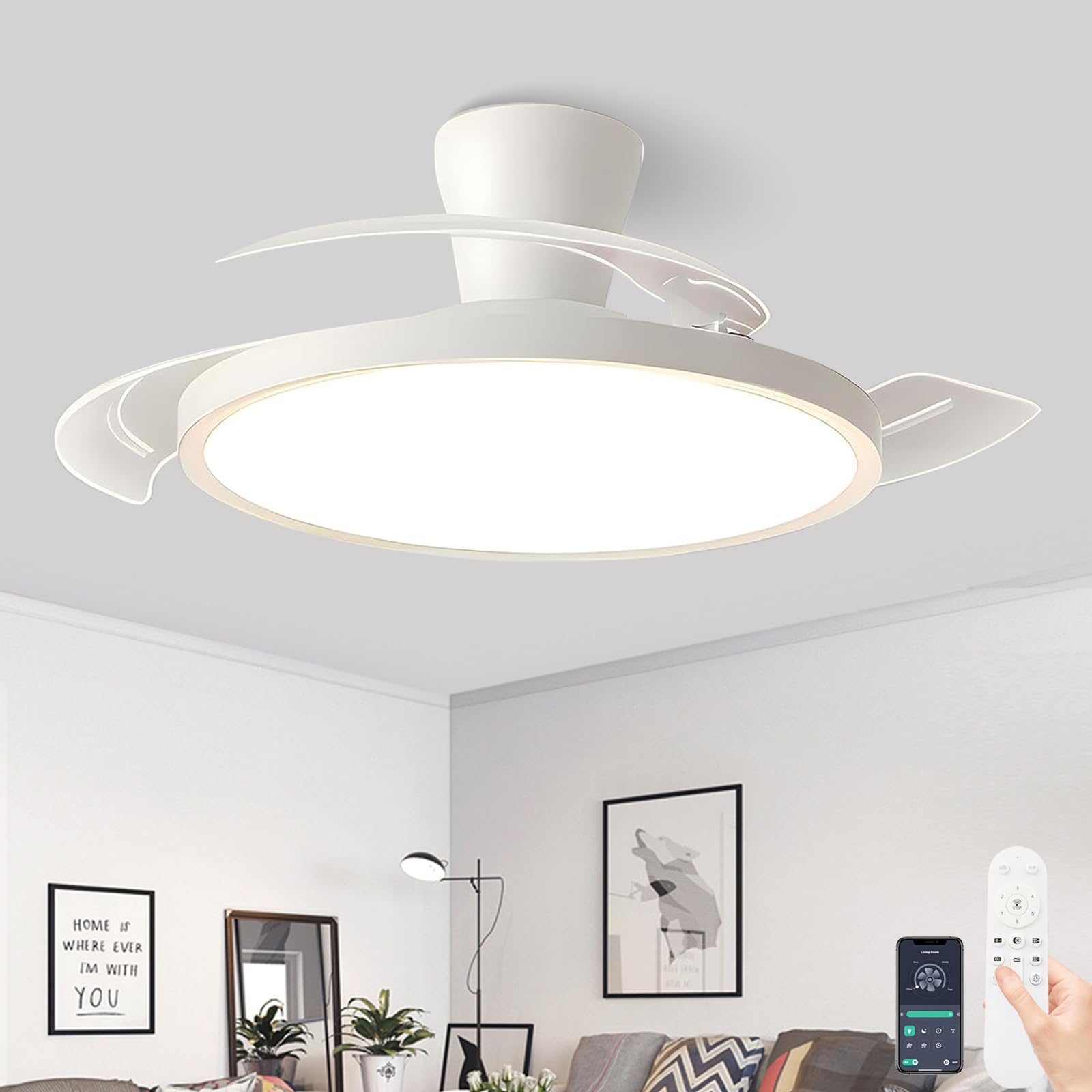 SXDMOUBK Intelligent Ceiling Fan Remote Control Silent Retractable Ceiling Fan LED Dimmable and Reversible Fan Lights Ceiling for Bedroom 6-Speed Fans for Living Room-White||105cm
