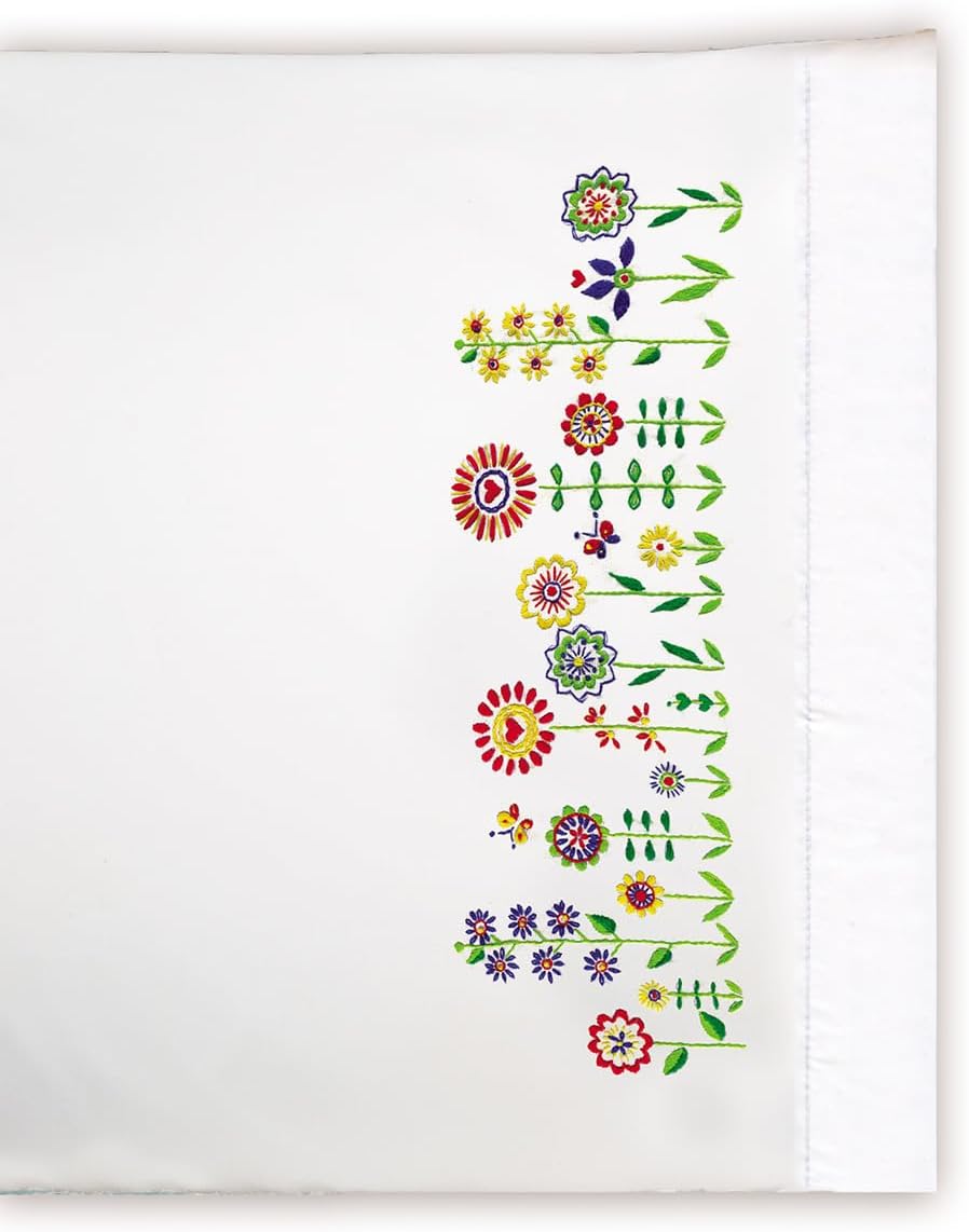 Stamped Pillowcases, Floral Whimsy, 20" x 30" Embroidery Kit, white with multicolor