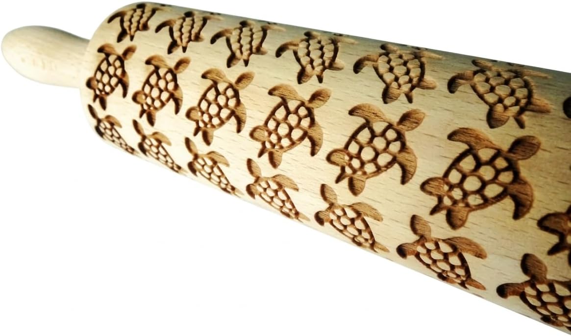 TURTLES EMBOSSING ROLLING PIN LASER ENGRAVED WOODEN DOUGH ROLLER with TURTLES COOKIES DECORATING ROLLER