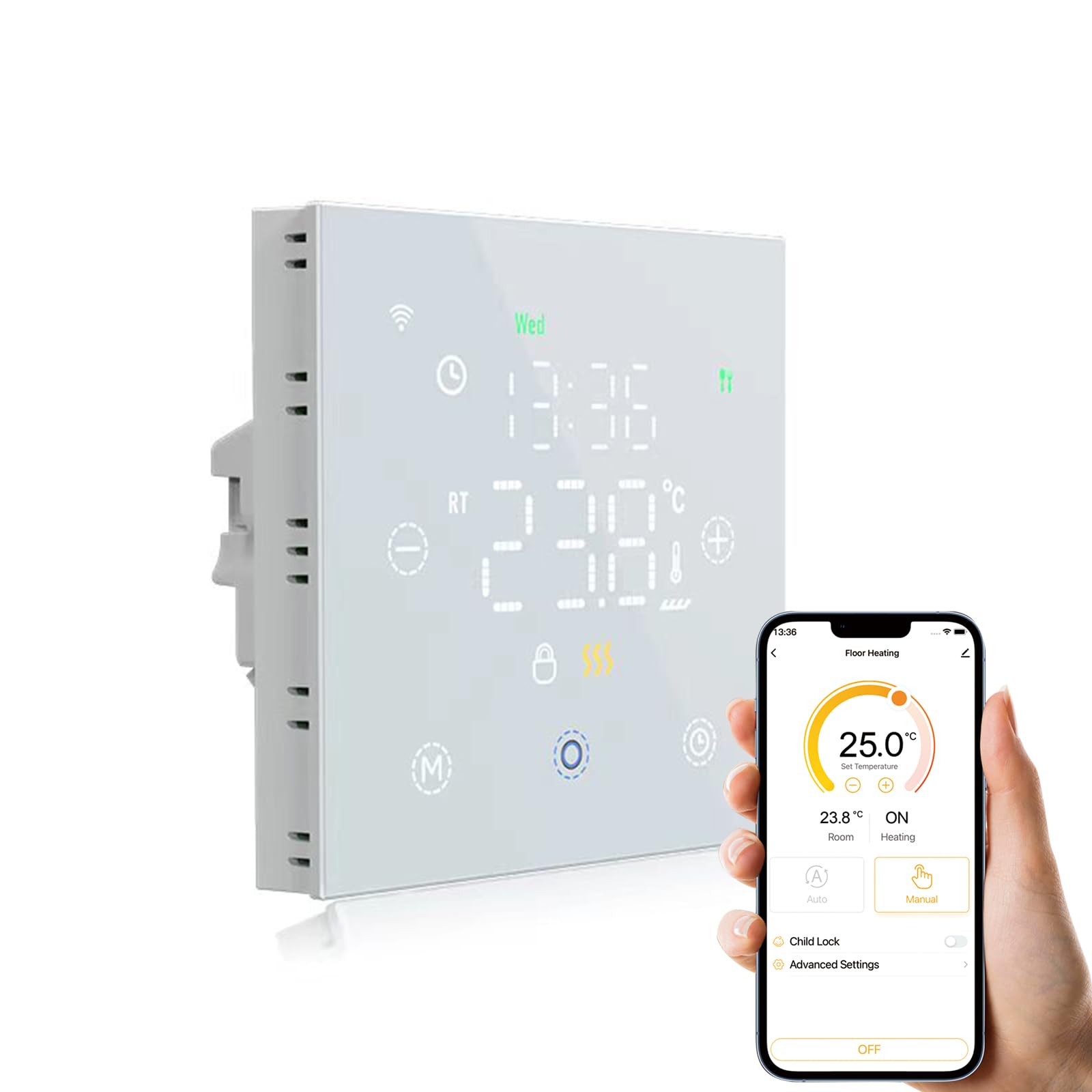 WiFi Termostato Regolatore di Temperatura Smart Life APP Telecomando per Riscaldamento Elettrico Compatibile con Alexa Google Home, Bianco Font Display