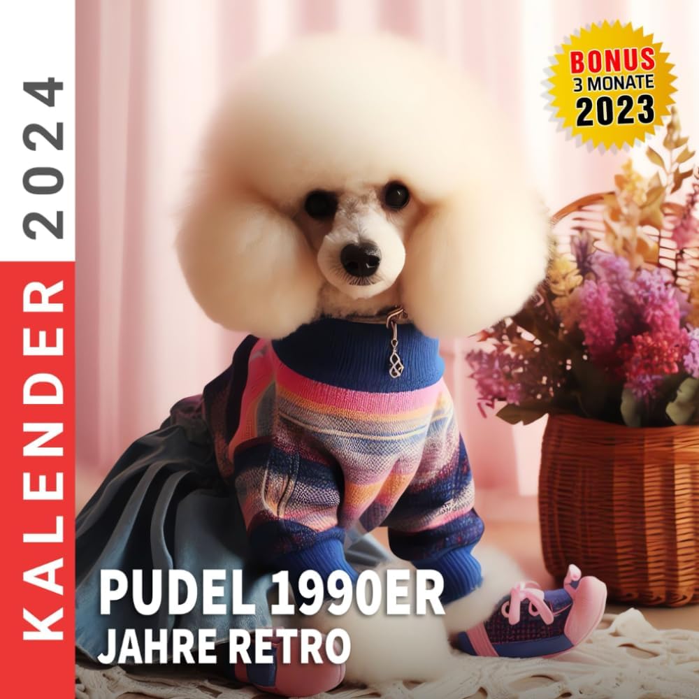 Pudel 1990er Jahre Retro Kalendar 2024: 365 Tage des Jahres 2024 von Jan bis Dez, Bonus 3 Monate für 2023, 15 Monate Pudel Tiramisu-Kuchen, dickes und ... Organisieren und Planen, deutsche Feiertage