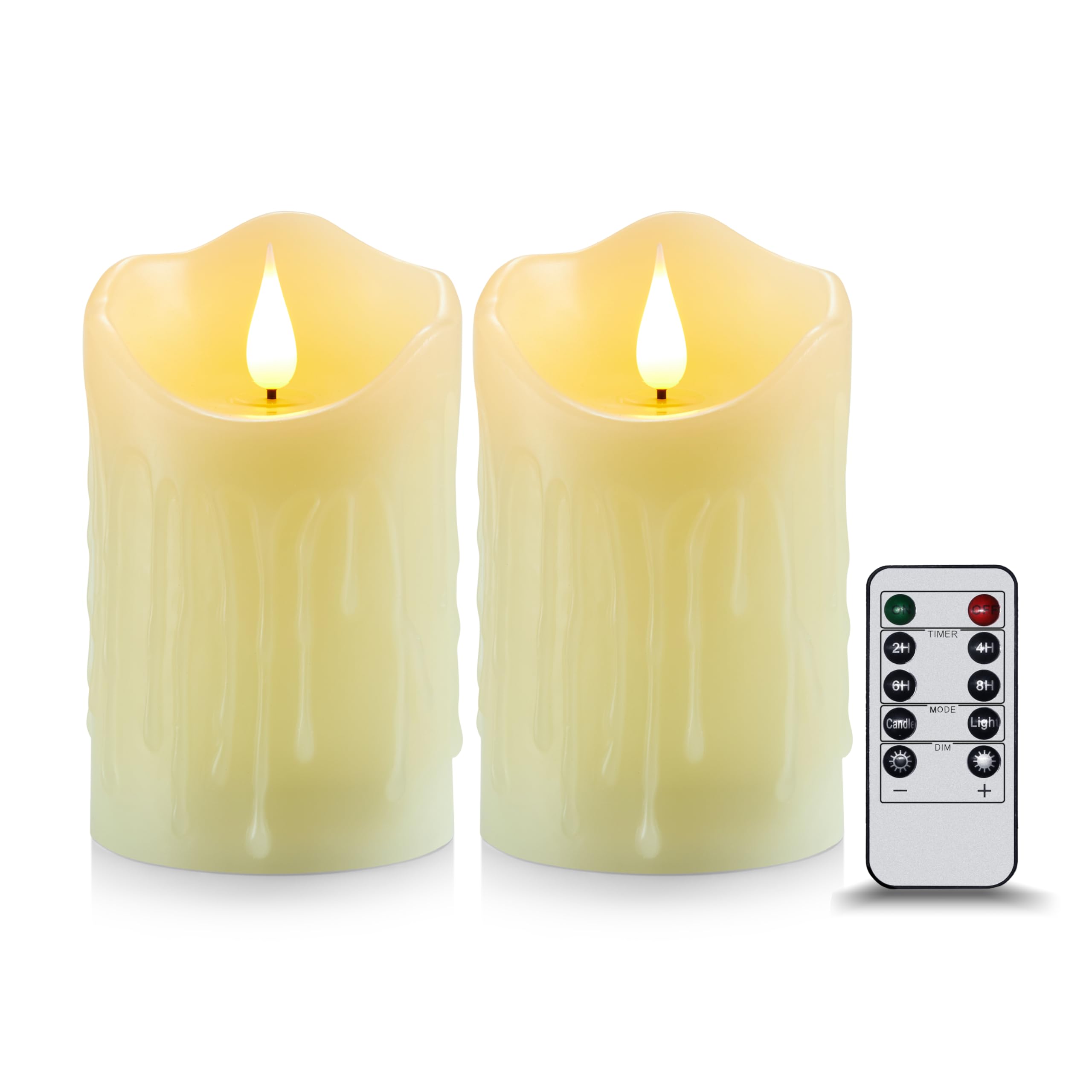 Koelaa 2 Pack Battery Operated Flameless Candles, Realistic 3D Flickering LED Flame with Dripping Wax Effect, Remote Control & Timer for Christmas Wedding Party Home Decor, Festive Candles-7.5x12.5cm