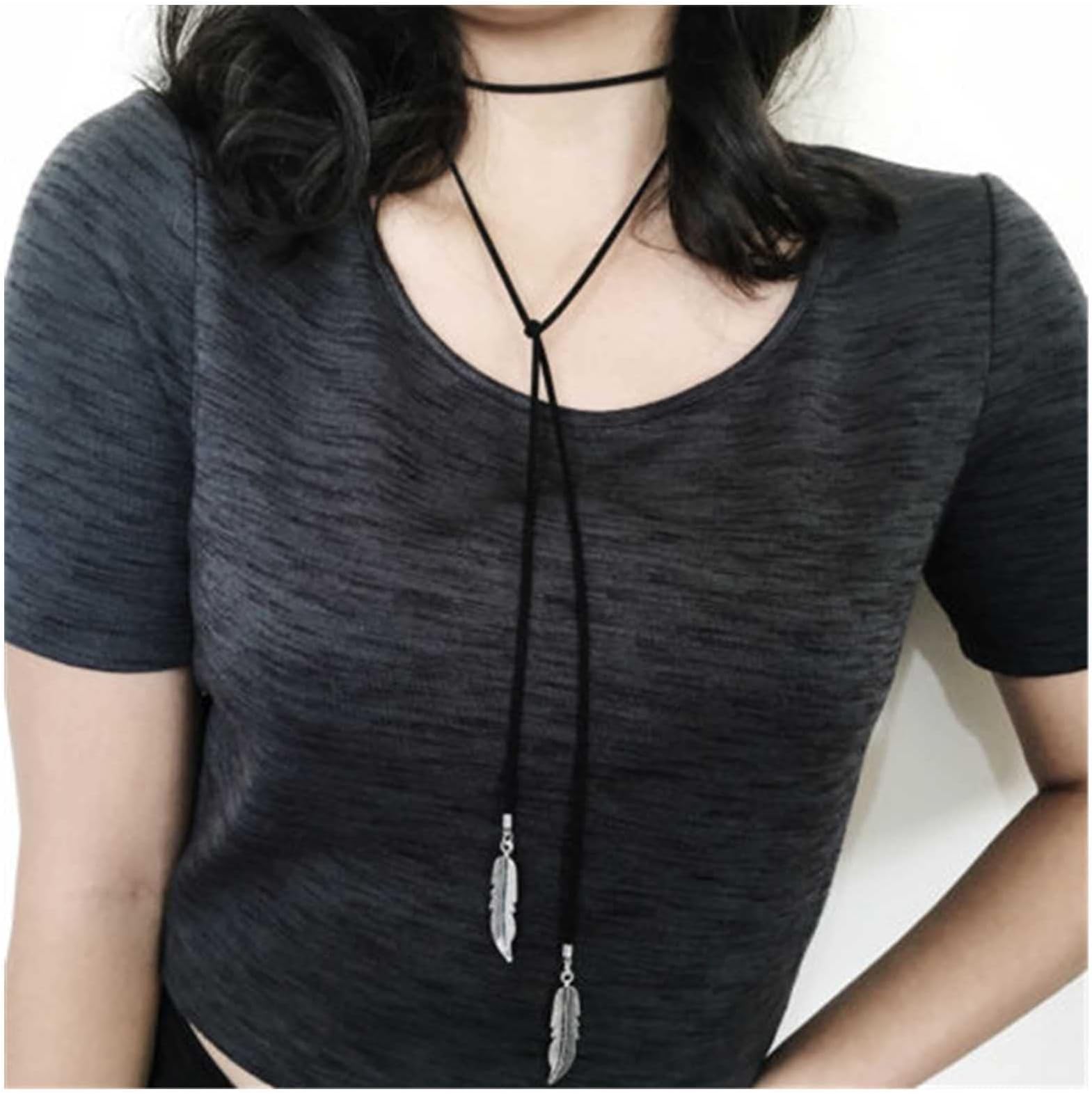 Andelaisi Boho Velvet Necklace Layered Black Suede Cord Choker Necklace Gothic Long Necklaces Chain Tassel Feather Drop Chain Necklace Jewelry for Women
