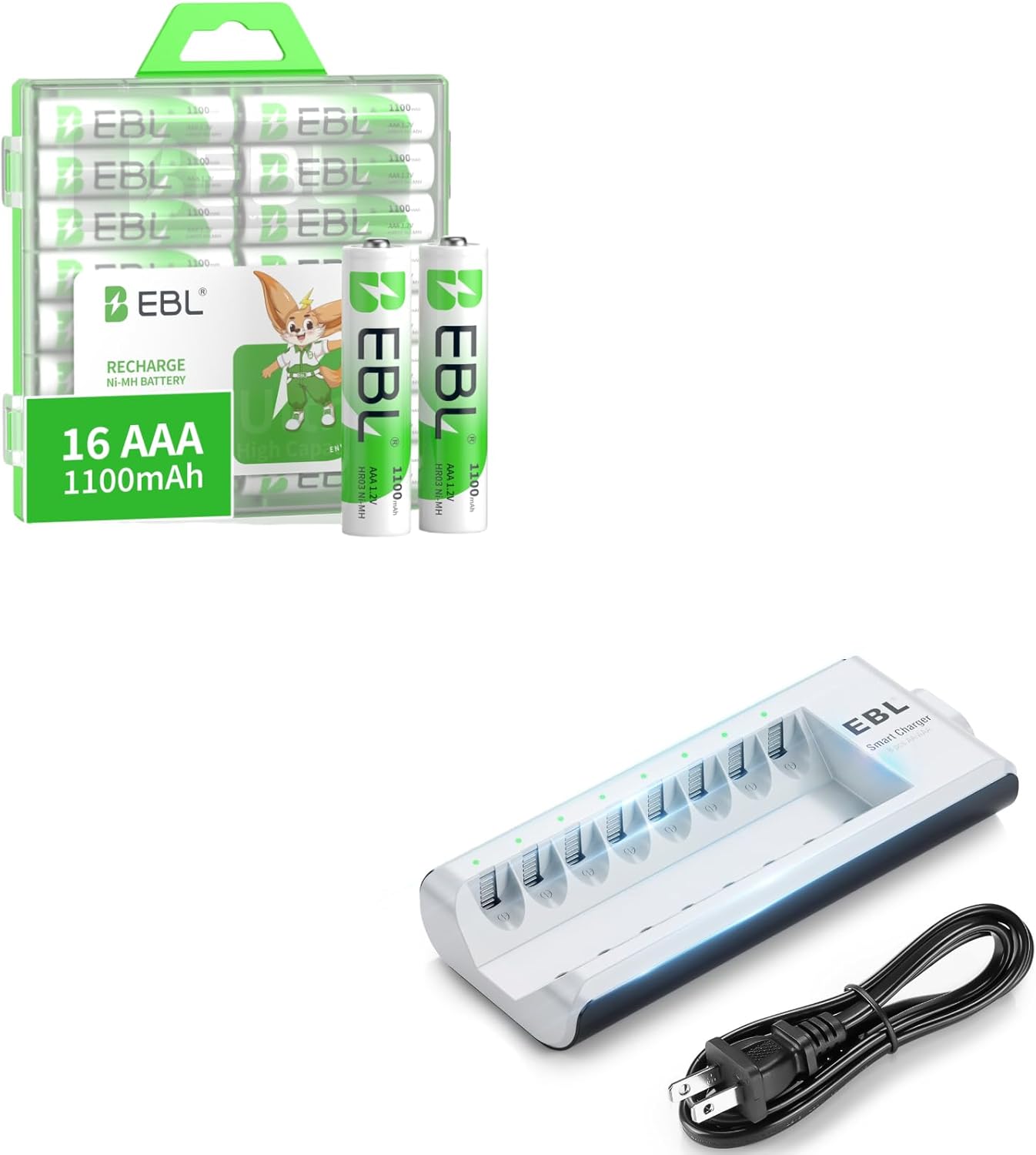 EBL AAA Batteries with Charger, 16 Counts Rechargeable AAA Battery and 8-Bay 808A Battery Charger for AA AAA NIMH NICD Rechargeable Batteries
