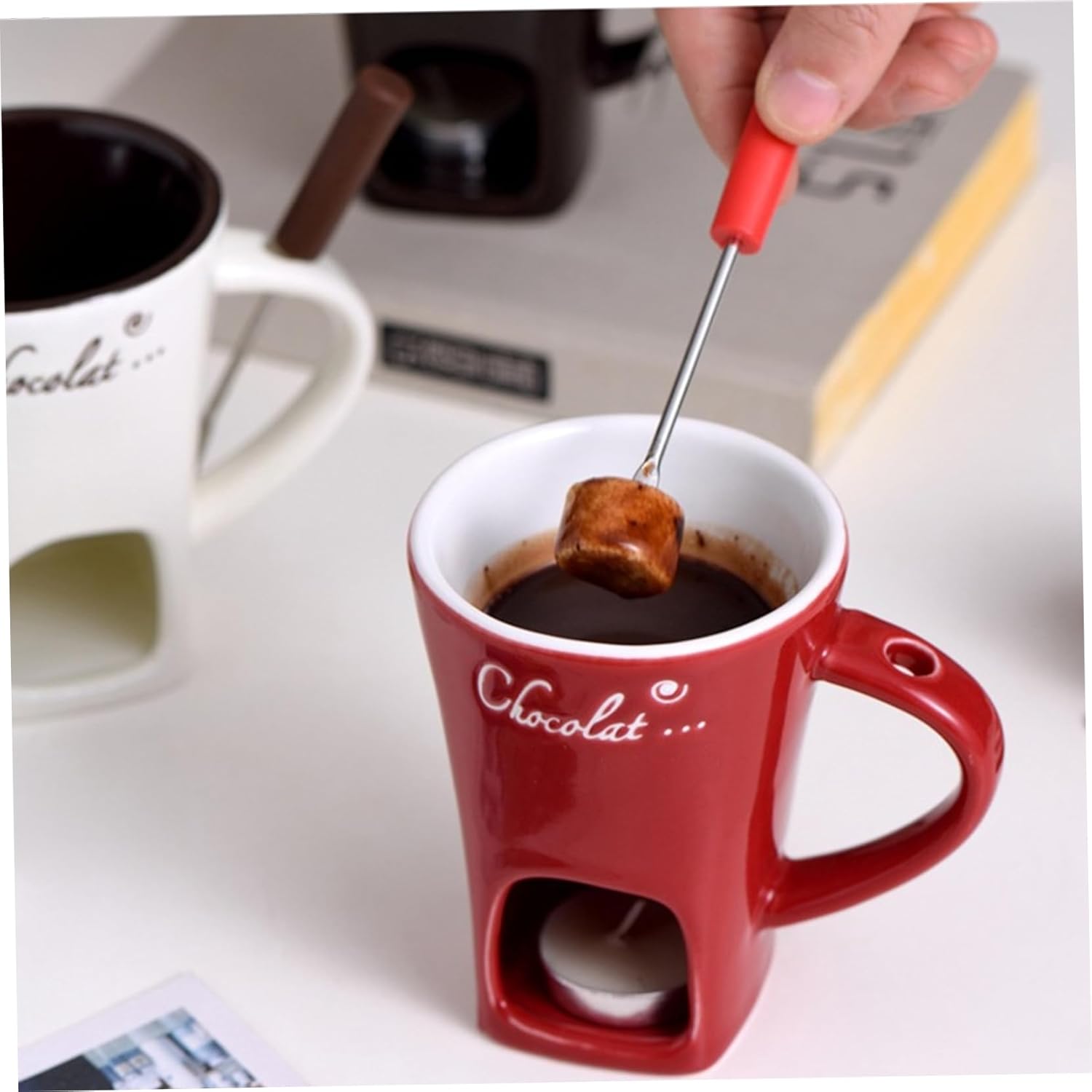 3Pcs Chocolate Fondue Mug Heat-Resistant Ceramic Chocolate Fondue with Forks Reusable Melting Cup for Date Night Birthday & Wedding Cheese