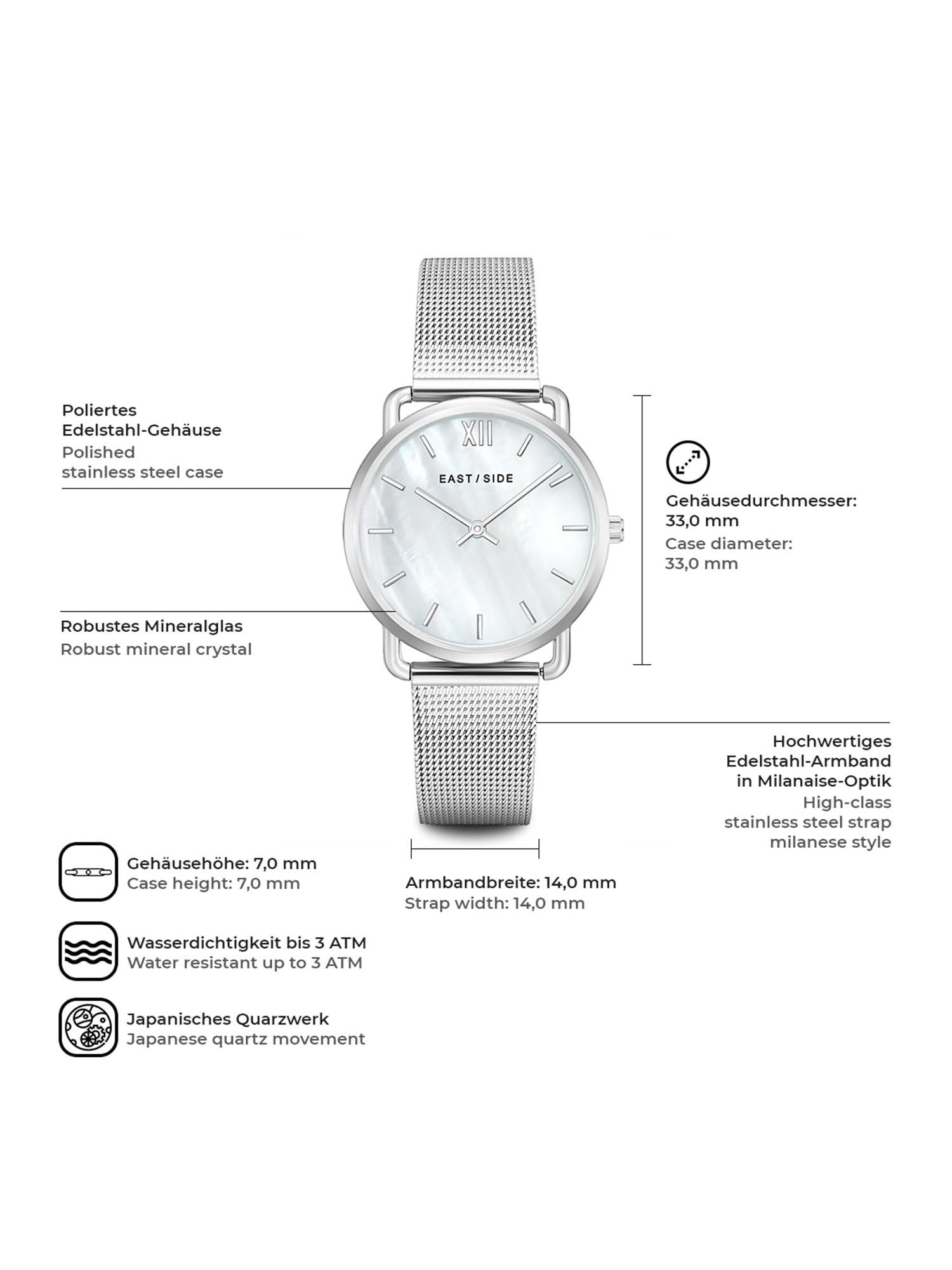 Eastside Damen Uhr Metall-Legierung Silber Quarzwerk 3 ATM