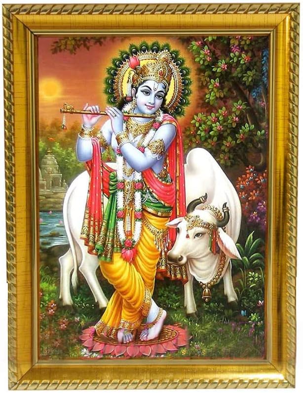 OM POOJA SHOP Krishna with Cow Blessings Photo – 6x8 Elegant Wooden Frame, Golden Border, Premium Finish for Puja Room, Office, Living Area – Divine Décor for Peace & Prosperity