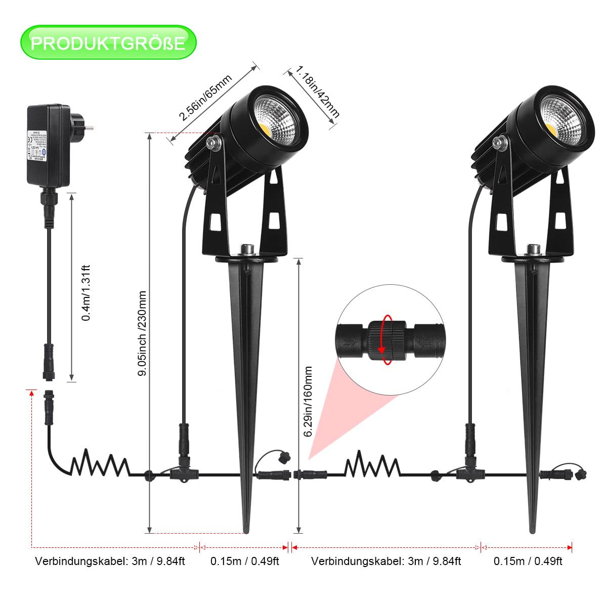 8er-Set Gartenstrahler LED Warmweiß, 3W Gartenleuchte Garten Beleuchtung mit Stecker, Schwenkbar Außen-Strahler Aussenbeleuchtung Erdspieß IP65 Wasserdicht für Baum, Pflanzen, Teich