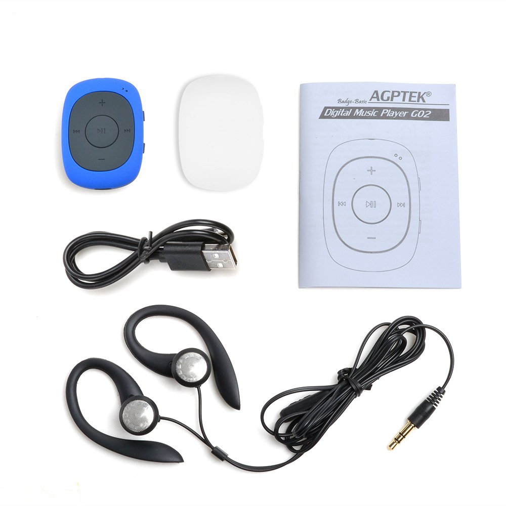 AGPTEK G02 Mini odtwarzacz MP3 z klipsem z radiem FM, do biegania, na siłownię (dodatkowa osłona przeciwpotna), niebieski, 8 GB