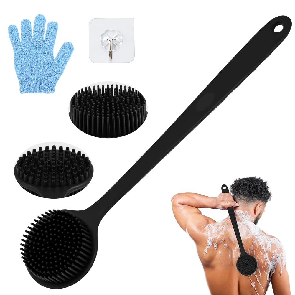 LOPHE Silicone Body Scrubber for Shower Double Sided Back Scrubber with Long Handle