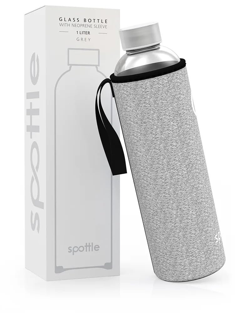 spottle Glass Water Bottle with Neoprene Sleeve, Borosilicate Drinking Bottle - Dishwasher Safe, Suitable for All Beverages, BPA free, 1L