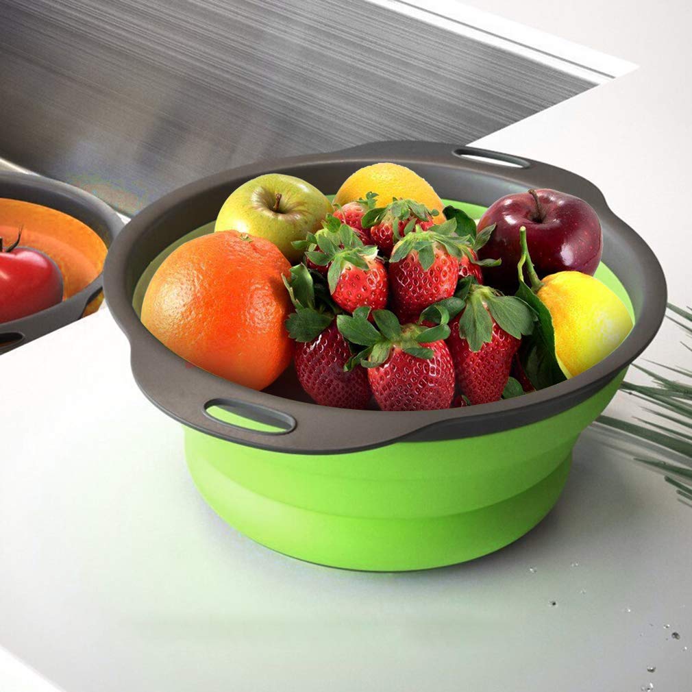 QiMH Juego de 3-2 coladores plegables de 4 cuartos y 1 colador de 6 cuartos de galón sobre el fregadero, base de plástico resistente de grado alimenticio, colador de alimentos plegable de silicona