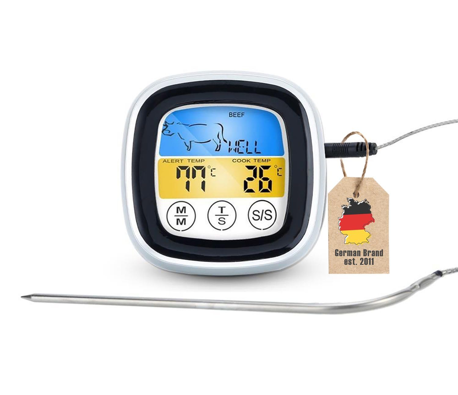 INTIRILIFE Barbecue Thermometer White 7 x 7 cm – Digital BBQ Grill Thermometer with Timer for Grilling and Cooking – Electronic Temperature Meter Roasting Thermometer Kitchen