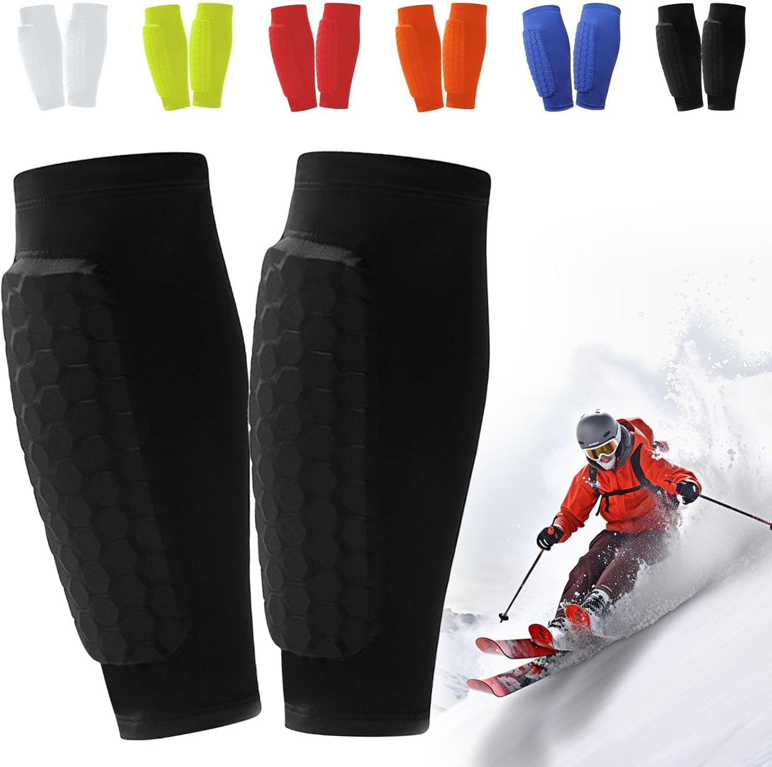 Ski Shin Guards Gel, Ski Guard Socks, Ski Guards Shin Pads, Shin Defender, Breathable Elastic Gel Guard Anti Collision for Skiing, Legs Protection, Suitable for Boys, Teenagers, Adults (Black, XL)