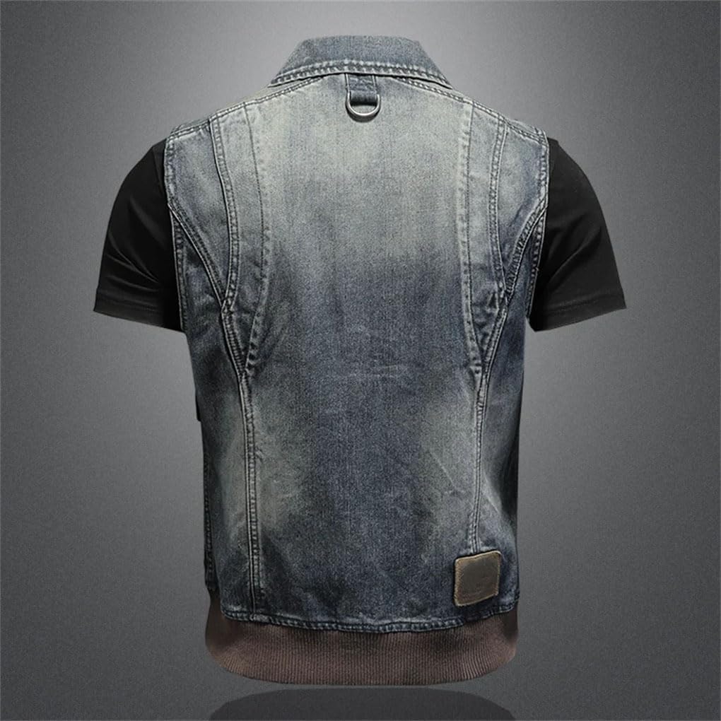 Men's Solid Color Casual Lapel Ribbed Zippered Sleeveless Denim Vest