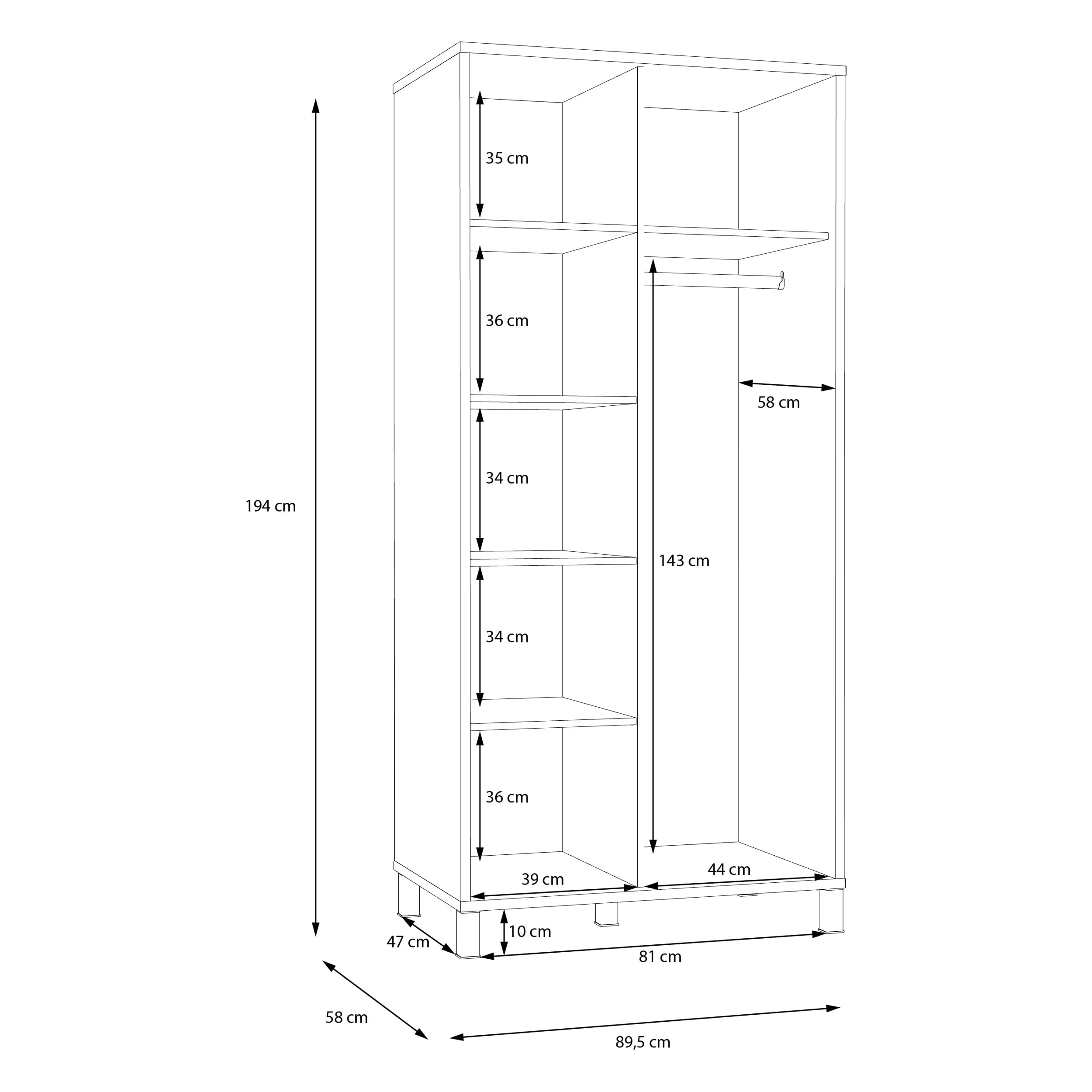 Forte HAYATO Kleiderschrank 90, Moderner Schrank mit Zwei Türen und Einlegeboden, Holzwerkstoff, Schwarz mit Alpenfichte Dekor, 89,5 cm breit, 194 cm hoch, 58 cm tief