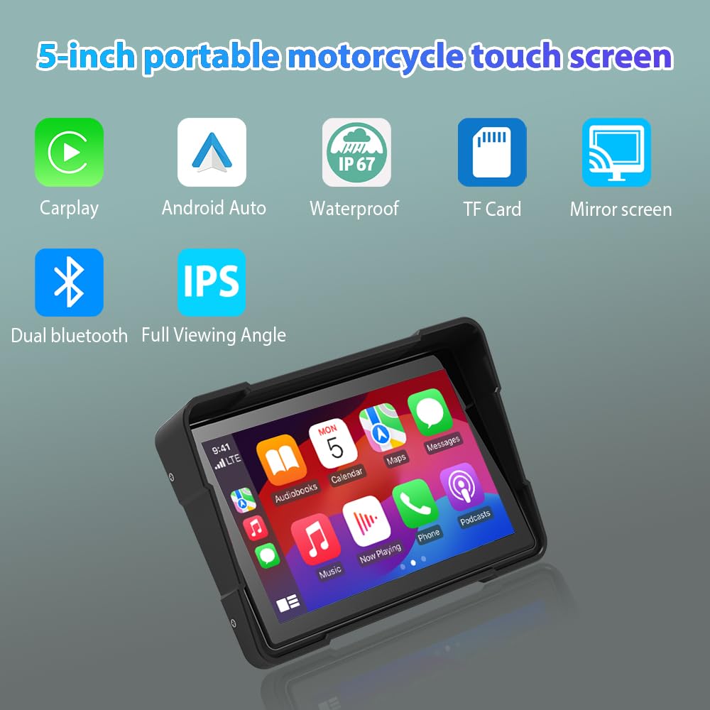 sunweyer Navigazione GPS portatile per moto, con tecnologia CarPlay e Android, 5 pollici, Bluetooth 5G e scheda TF da 64 GB, touch screen IPS impermeabile