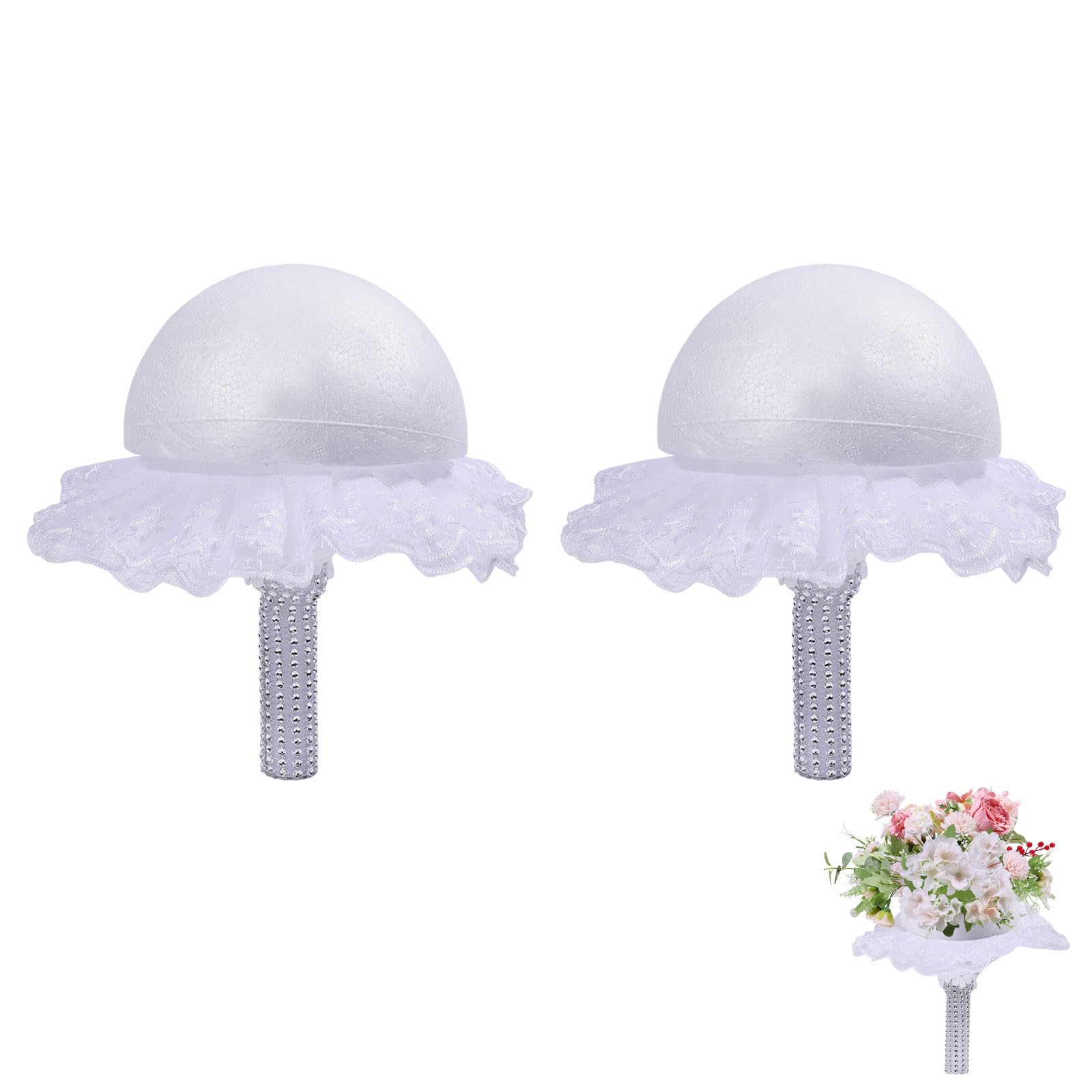 FREEBLOSS 2 pièce de Support de Bouquet en Dentelle Blanche avec Poignée en Mousse pour Bouquet de Mariage Fournitures pour Fleurs Artificielles de Mariée