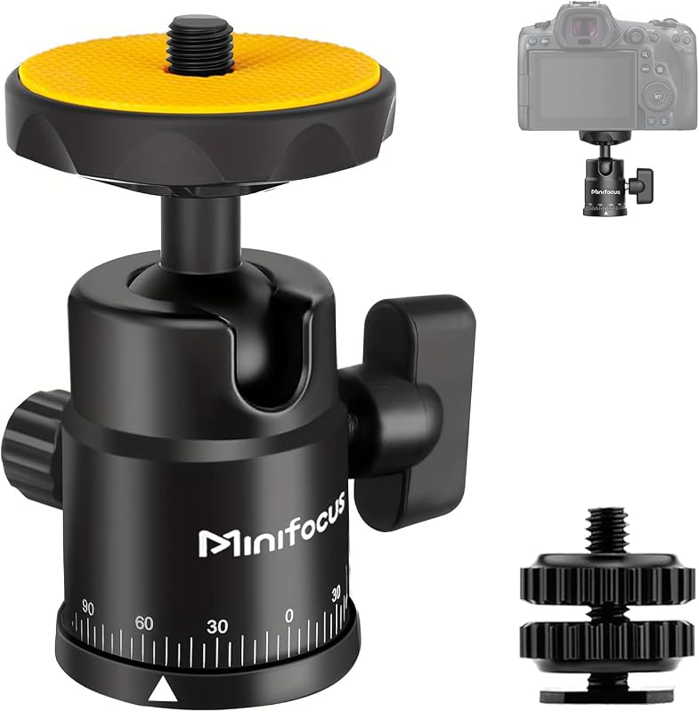 Minifocus Metal Ball Head, Mini Ball Head 360° Panoramic Tripod Ball Head Mount with 1/4" Screw & Hot Shoe Adapter Ball Mount for DSLR, Camcorder, Smartphone, Tripod, Video Light, Microphone,Slider