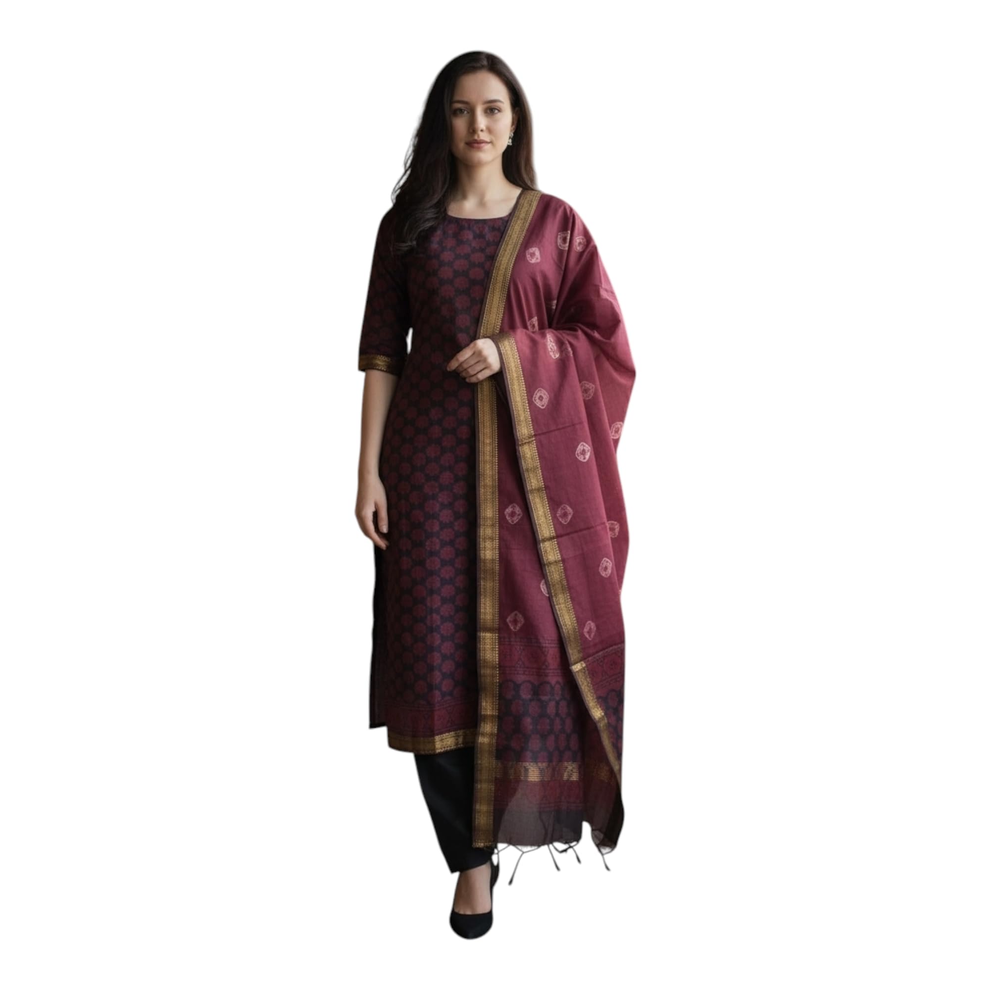 women's unstitched Ajrakh hand block printed 2-piece (top and dupatta) pure Maheshwari silk suit set material Endahbpmsss07-image-23