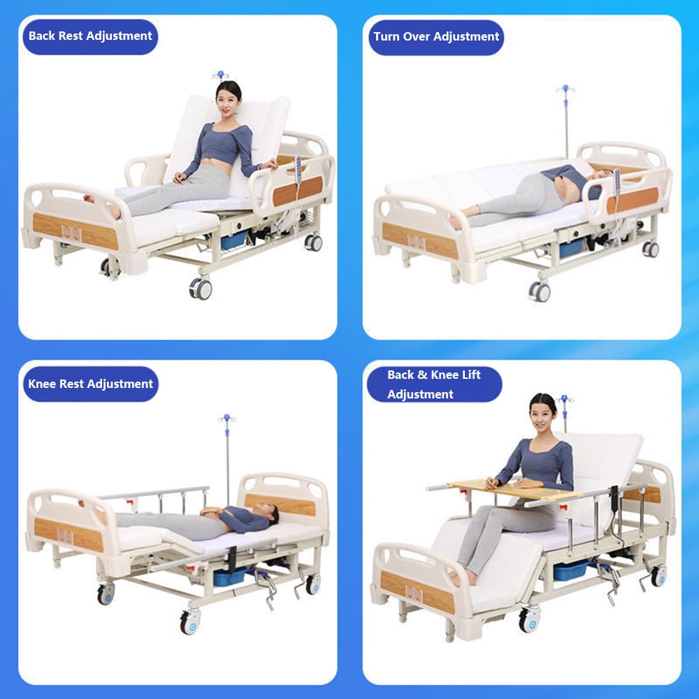 10-Funktionen-Voll‑elektrisches Pflegebett mit Seitenneigung, Krankenhausbett mit Matratze, Verstellbaren Seitengittern, Esstablett, Infusionsständer, Bettpfanne, Feststellrollen, Tragkraft bis 250 kg