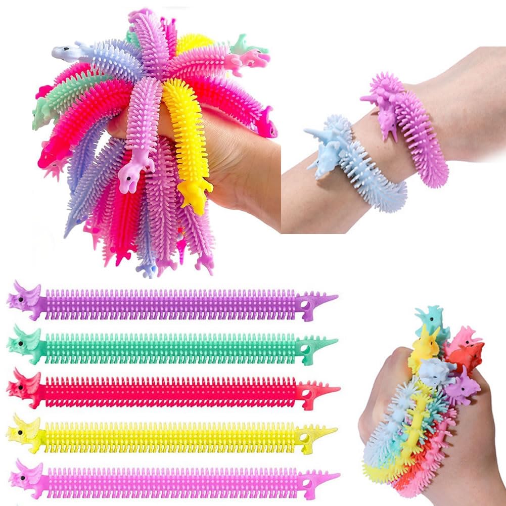 Dusenly 10pcs Fidget Stretchy Strings Dinosaur Sensory String Toys for Stress Relief, Fidgeting, Birthday Gifts, Dinosaur Party Favors