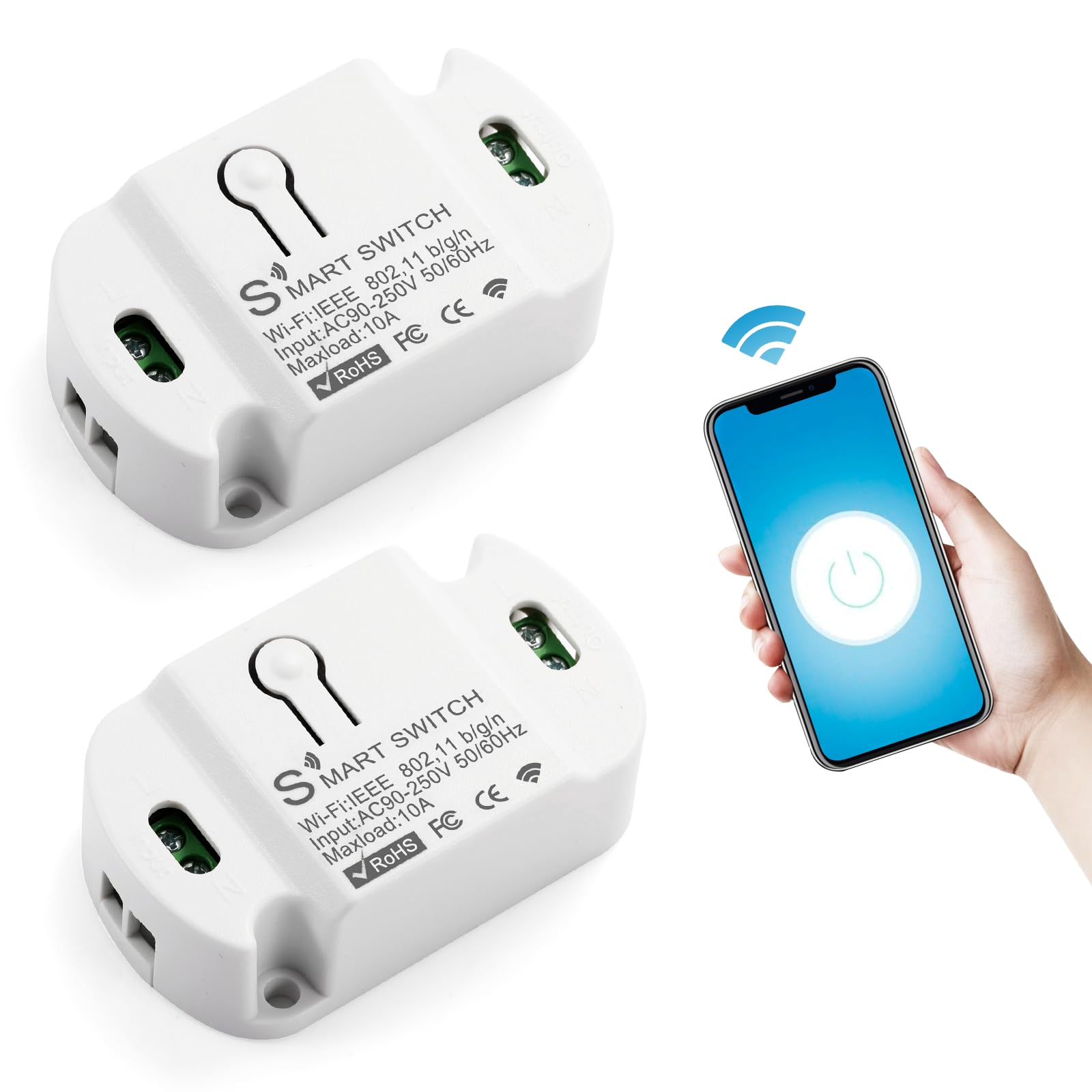 2 pieza Interruptor Inteligente Alexa, Interruptor WiFi, Interruptor Inteligente Wifi Luz, interruptores inteligentes Tuya/Smart Life App Control, Interruptor Alexa Compatible con Alexa, Google Home