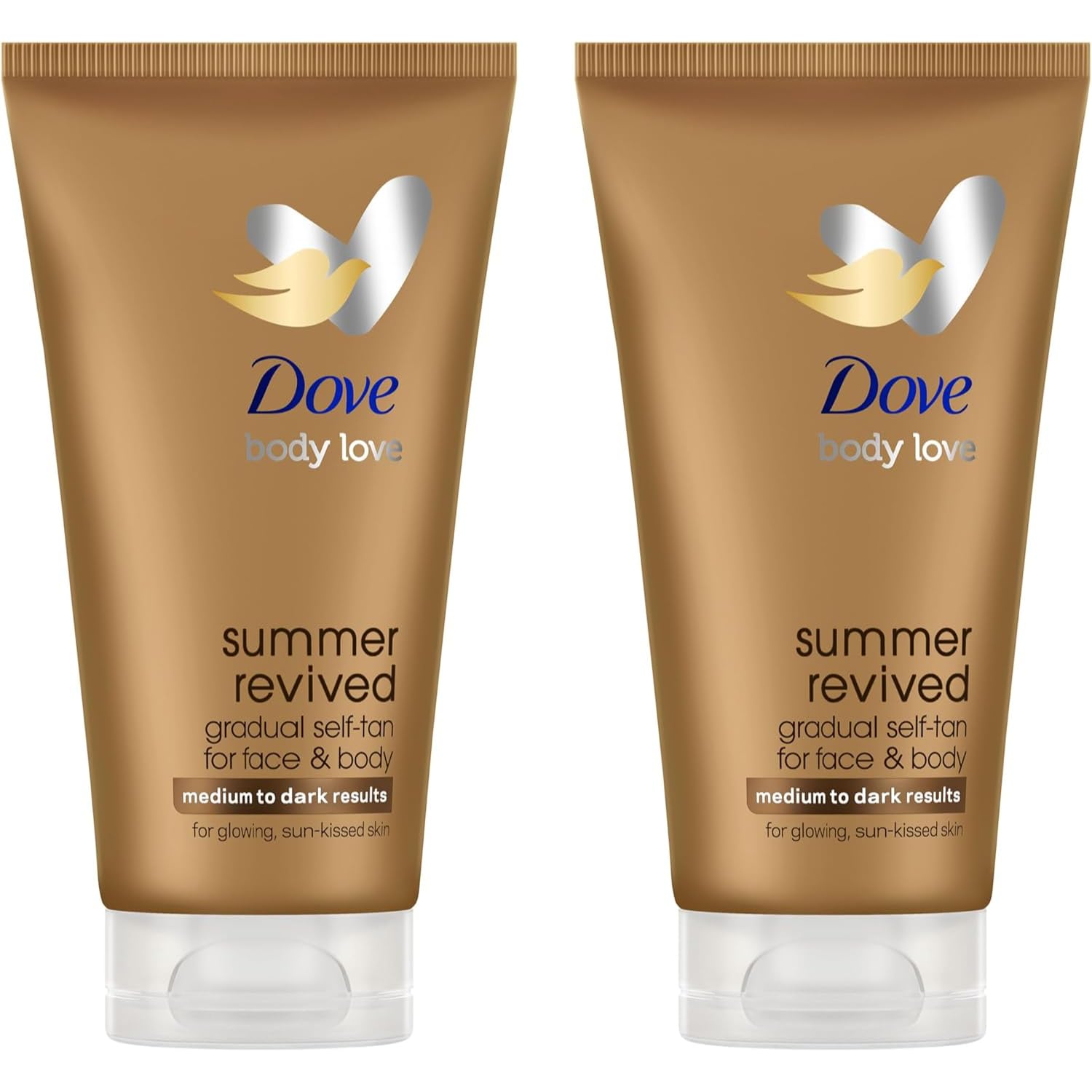 Dove Lozione Viso e Corpo Autoabbronzante Summer Revived, Per Pelli Medie e Scure, Abbronzatura Graduale, Finish Naturale, Pelle Luminosa, 72H di Idratazione, Con Estratto di Aloe Vera, 2x 75ml
