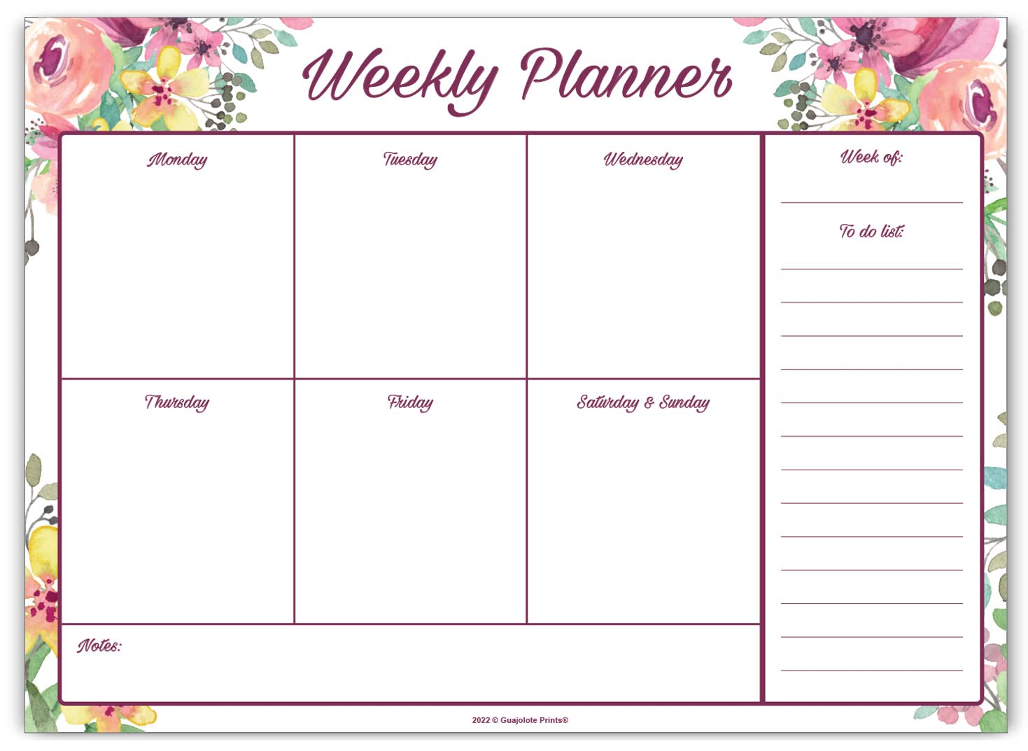 Weekly Planner Notepad, To Do List, Daily Planning Pad, List Task, 50 Sheets 10 x 7.5 inches (Flowers)