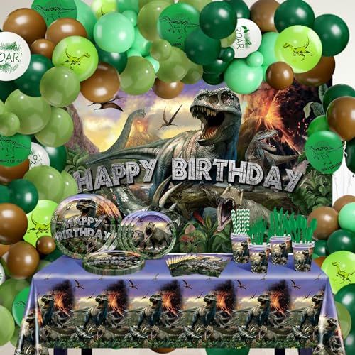 Lecheme Dinosaur Birthday Decorations 280 PCS Dinosaur Birthday Backdrop Plates Napkins Tablecloth Balloons Jurassic Dino Party Supplies Serve 24