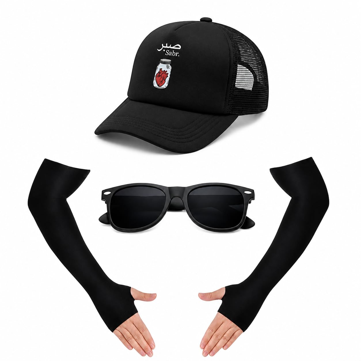 Unisex Stylish Half Net Cap with Printed Design | UV Protection Sunglasses & Arm Sleeves Combo | Trendy Casual Outdoor Set for Men & Boys-Pack of 3 Black-picture-10