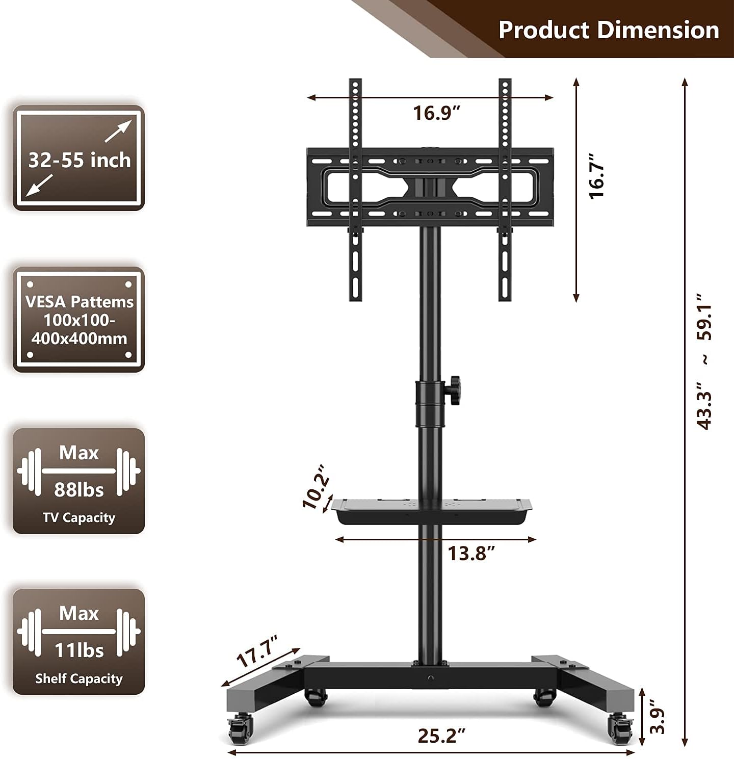 TAVR Rolling TV Cart on Wheels for 23-55 Inch LCD LED OLED Plasma Flat Screen TVs,Portable tv Stand with Height Adjustable and Laptop Shelf, Rolling Floor Stand Holds Up to 88lbs Max VESA 400x400mm : Office Products