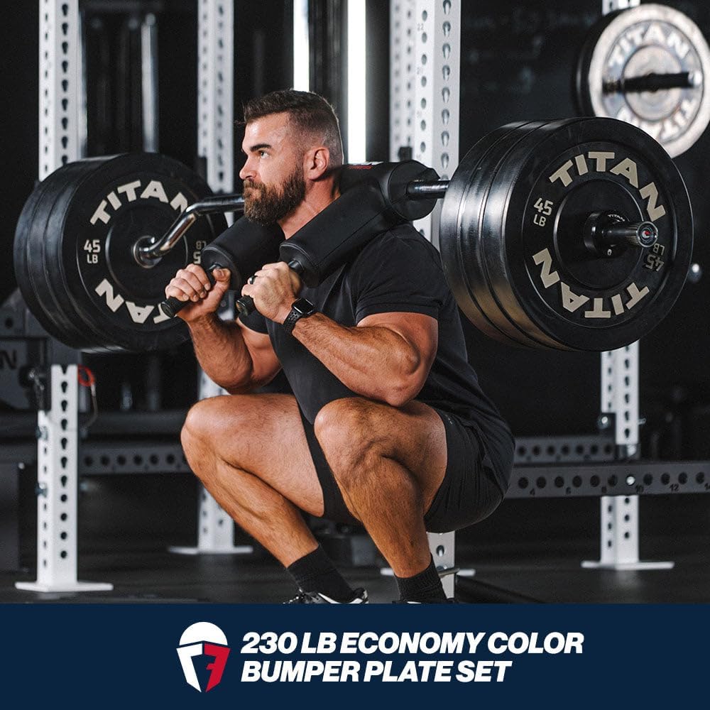 Titan Fitness 230 LB Set Economy Series Black Olympic Bumper Plates, Durable Rubber Exterior with Steel Core, Weightlifting and Strength Training Weight Plates