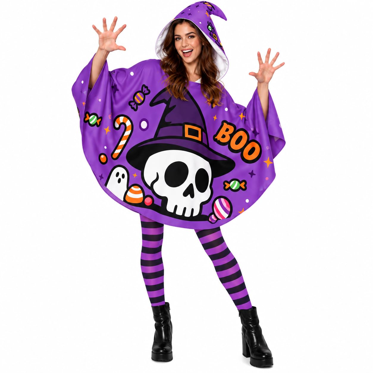 Women Ghost Halloween Costume 2 Piece Set, Adult Ghost Costume with Poncho & Striped Leg Socks, Cute Spooky Fancy Dress Outfit for Women, Halloween Party, Carnival & Costume Event