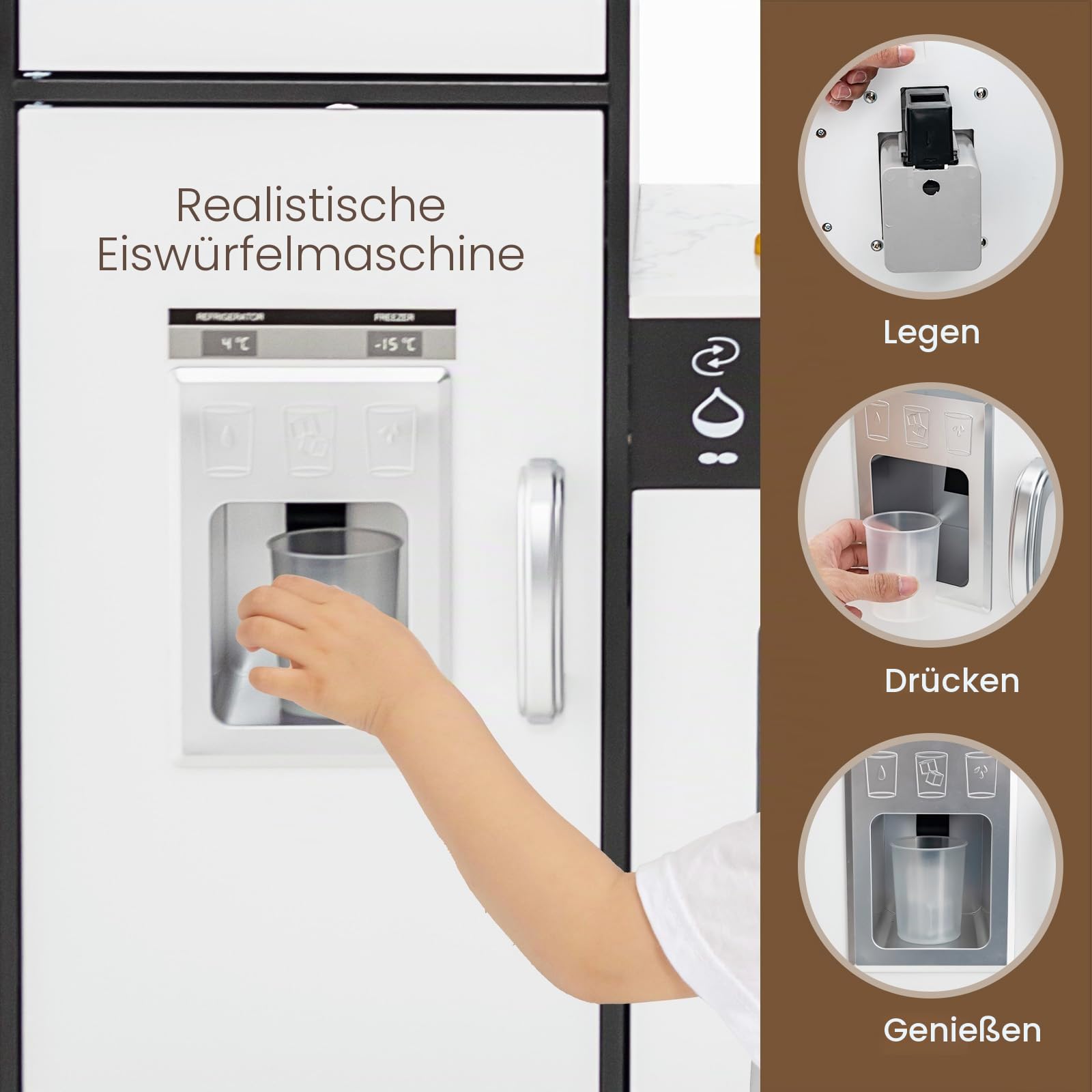 HOMASIS Eck Kinderküche Holz, Spielküche mit Licht, Sound & Dampf, inkl. 16 Zubehör, Spielzeugküche mit Spüle Herd Ofen Mikrowelle Eismaschine Kühlschrank Tafel, Küchenspielset für ab 3 Jahren (Braun)