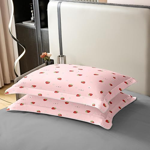 Miniatura 5 de Juego de ropa de cama 100 % algodón para niñas, tamaño individual, funda de edredón Kawaii fresa para niños, estilo japonés, rosa, linda caricatura,