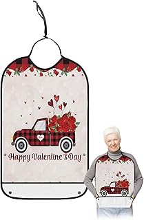 BOBOWUNY Valentines Day Truck Adult Bibs for Elder Women Men Eating, Roses Love Heart Red Black Plaid Waterproof & Washable Bibs for Eating Clothing Protector Dining Bibs for Crumb Catcher