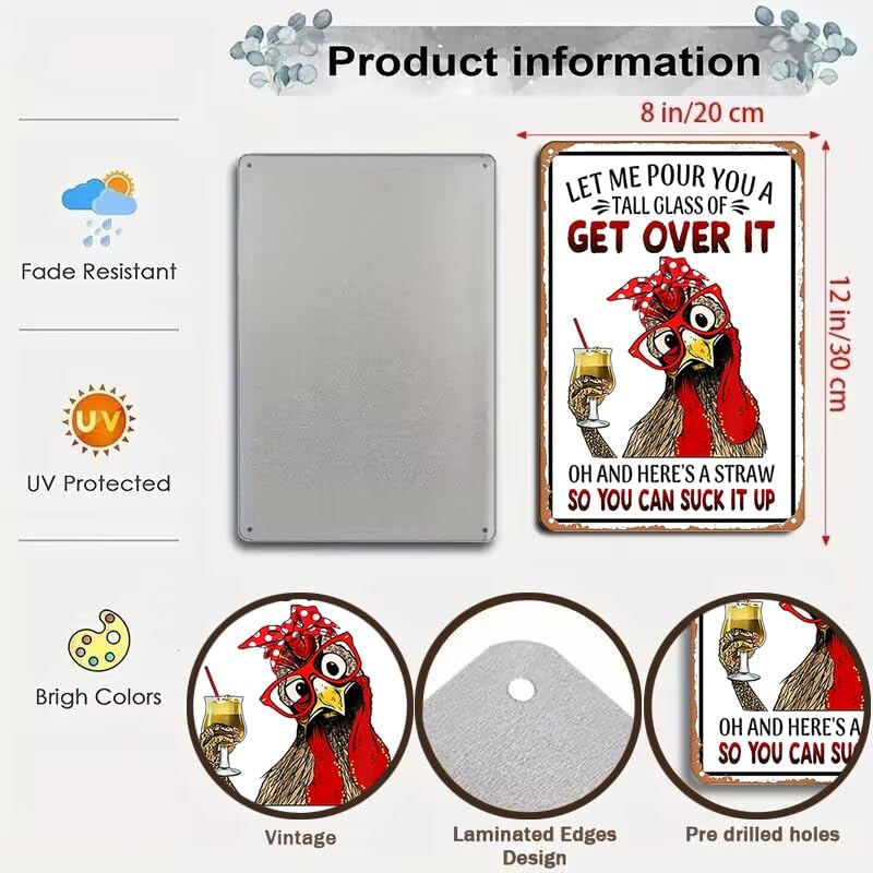 Funny Chicken Gifts Chicken Let Me Pour You A Tall Glass of Get Over It Tin Sign for Home Farm Chicken Coop Farmhouse Kicthen Garden Decor 8 X 12 Inch (3188) - Image 2
