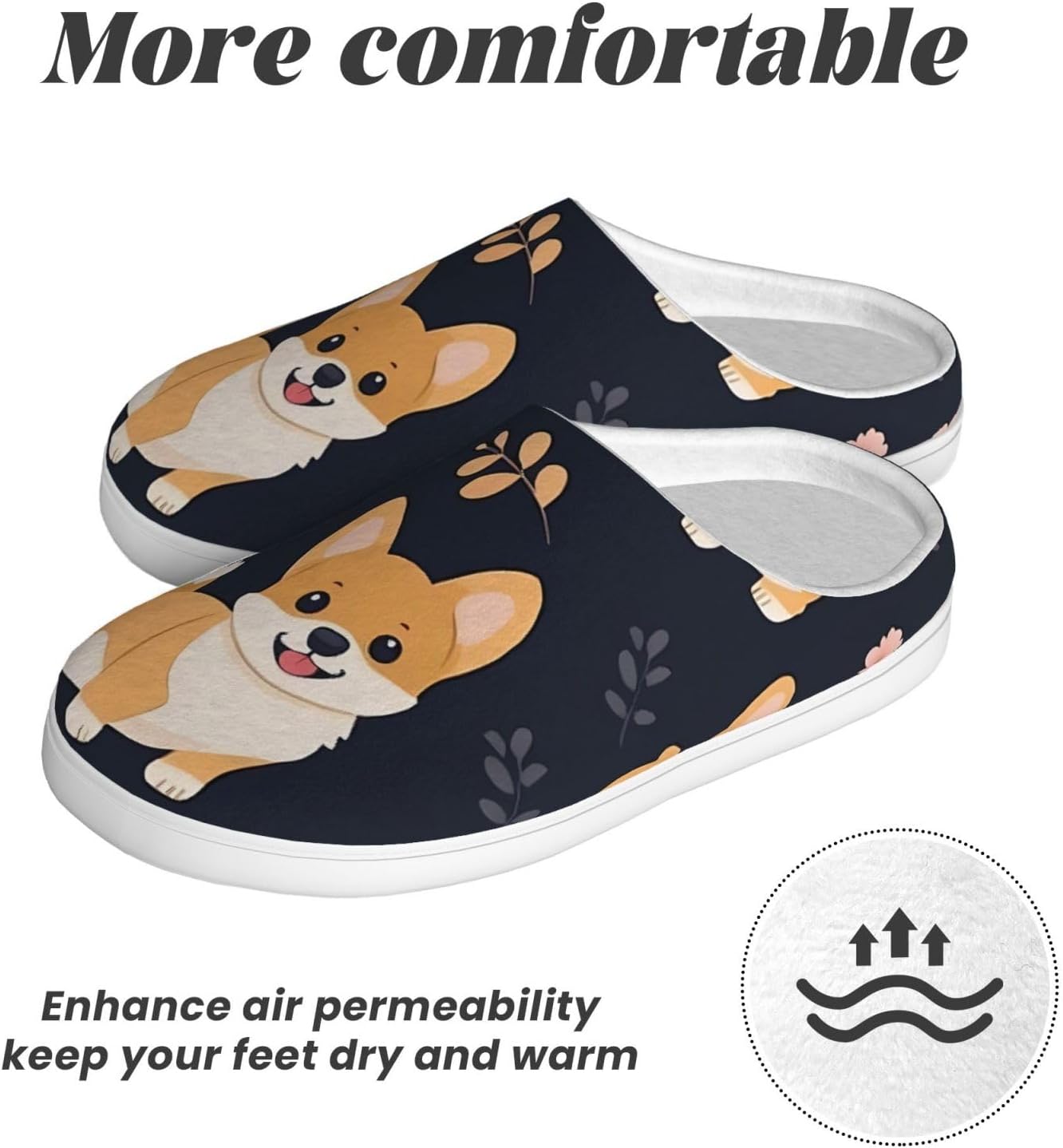 Kawaii Smiling Corgi Women’s Cozy Slippers Soft Cotton Indoor & Outdoor House Slippers With Anti-Slip Sole, Warm Lightweight Comfort For Home, Travel, Winter
