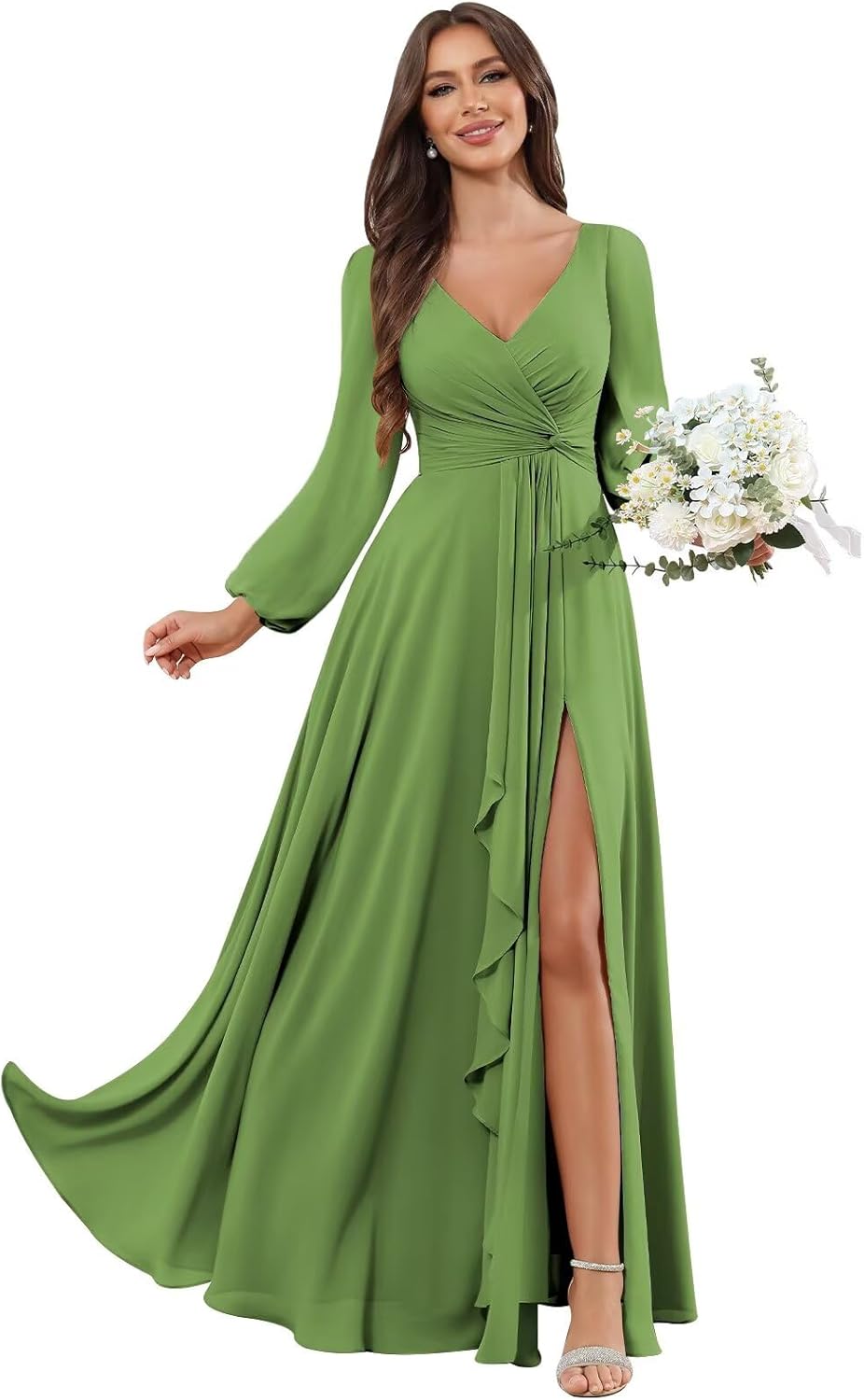 Sukleet Women's Long Sleeve Bridesmaid Dresses for Wedding with Slit Ruched Chiffon Maxi Formal Evening Dress