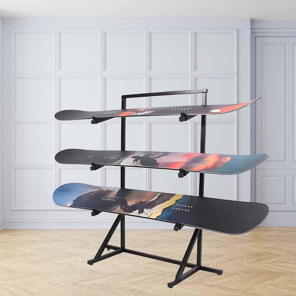 Snowboard Storage Rack，Snowboard Storage Rack,3-Tiers Metal Snowboard Storage Rack, Tile Display Rack, Standing for Skis/Skateboards/Scooter, for Floor Display Stand for Garage/Shop