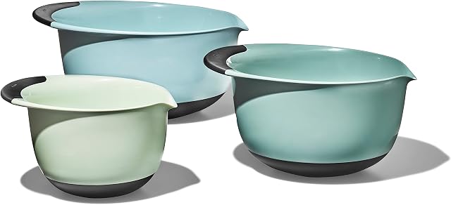 OXO Good Poignées 3-Piece Ensemble de bols de mélange en plastique - Cadet Bleu, Tour Gray, Jade, Petit, Moyen, Grand