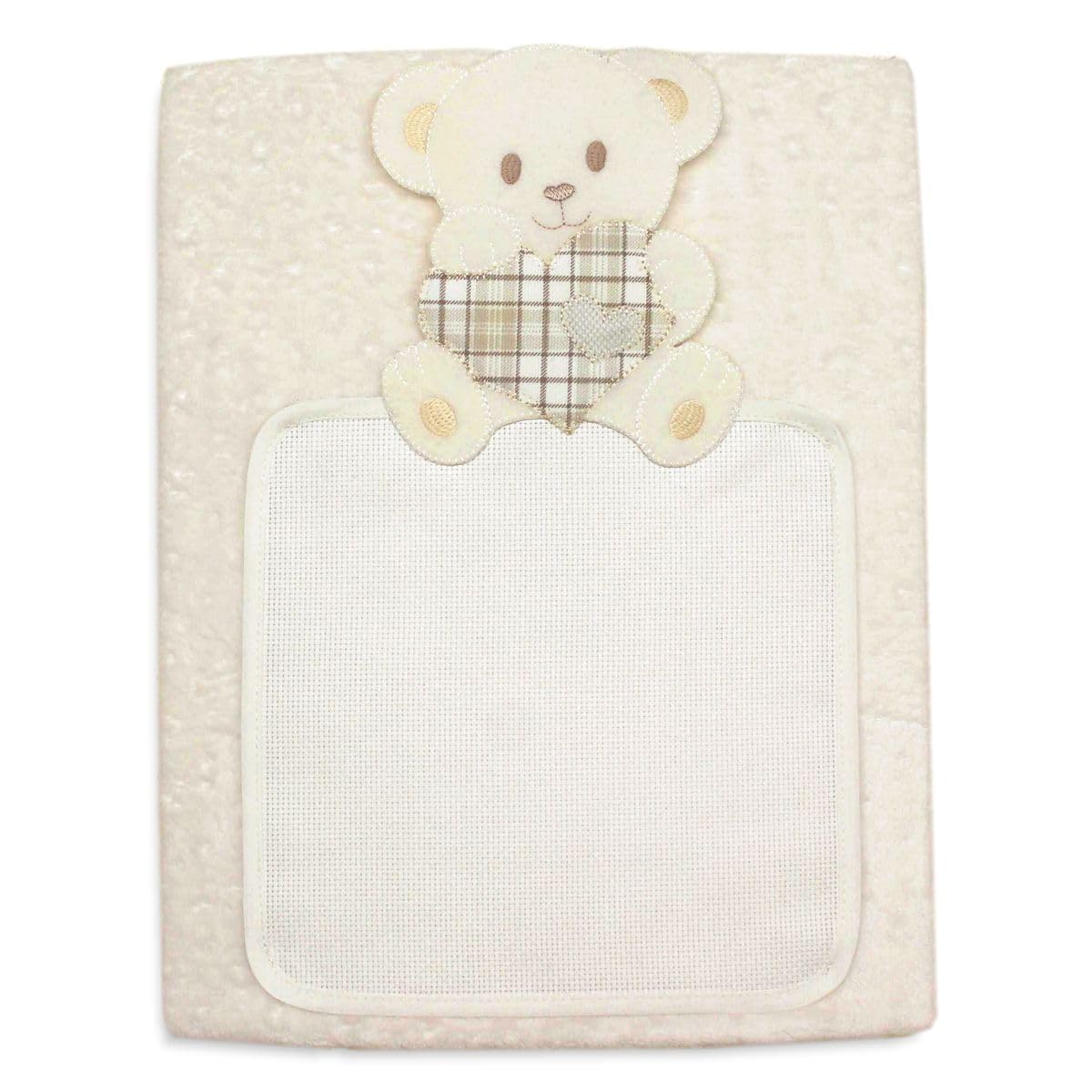 Copertina Culla Neonato in Tessuto Bolle a Rilievo Doppiato con Inserto Tela Aida per Punto Croce, Personalizzabile con Ricamo a punto croce, Regalo Nascita Originale, 74x93 cm (02 Panna)